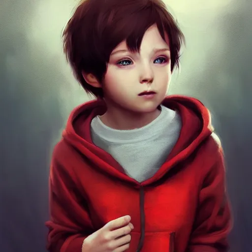 Image similar to a cute tiny girl with short red hair wearing a hoodie, digital art, very beautiful face, pretty face, very detailed eyes, full body illustration, 8 k resolution, soft painting, by greg rutkowski, wlop, rossdraws,