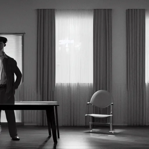 Image similar to Epic Masterpiece wide angle of noir detective standing in apartment holding a bottle of alcohol, venetian blinds in the background, table and chairs against the wall, black and white, drawn by norman rockwell, james jean, background by James Jean, 4k, hdr, octane render, hyperrealistic