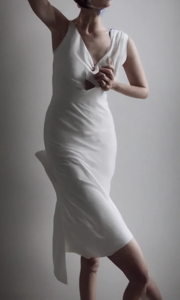 Image similar to photo of gorgeous seductive tall emily skinner cosplaying annie leonhart wearing elegant white dress, wearing open toe heels, in a white room, beautiful face, pale skin, rule of thirds, cinematic lighting, sharp focus, backlit, stunning, smooth, hard focus, full body shot, studio photo, shot on sony a 7 iii