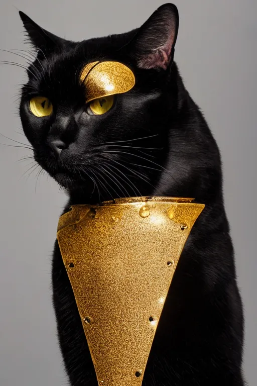 Image similar to a black cat wearing gold plated armor, studio lighting