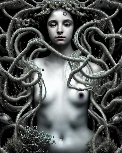 Image similar to surreal mythical dreamy underwater artistic bw photo of a beautiful young female angelic - medusa - cyborg covered with fish scales and algae, highly detailed, intricate crystal ivy jelly fish scales ornate, poetic, octane render, 8 k, photo - realistic, in the style of gustave dore and preraphaelites