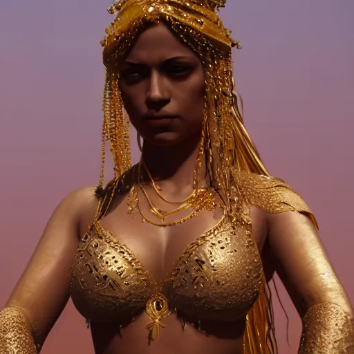 Prompt: details of a belly dancer jewels, stoic, bust, brown skin, alone dramatic, epic painting, gold, painted by wlop and nixeu, cgsociety, beautiful, semirealism, artbreeder, artstation, volumetric light, octane render, sharpness, 8 k, golden ratio