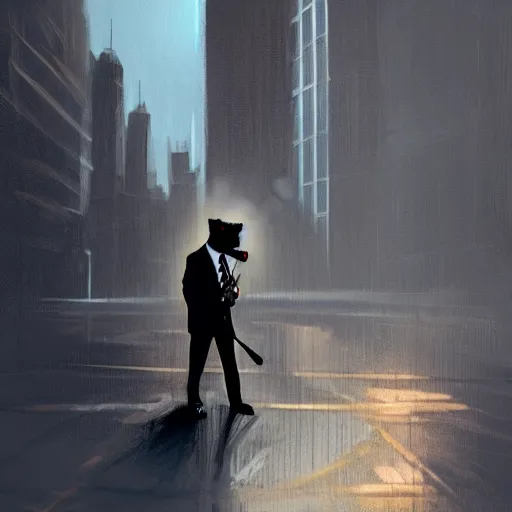 Image similar to a dog wearing a business suit smoking a cigar, dramatic lighting, cinematic, establishing shot, extremly high detail, photorealistic, cinematic lighting, concept art, artstation, style by greg rutkowsky