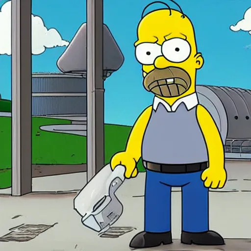 Prompt: Shot of Walter White in the Simpsons stealing radioactive waste from the nuclear power plant