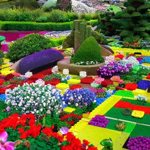 Image similar to a gorgeous garden on the edge of a cliff filled with beautiful flowers of all colors and from all around the world, fully in lego bricks