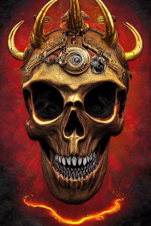 Prompt: 55 mm lens long shot photo of chthonic skull lsd colors with sharp teeth and demonic red eyes wearing a golden roman helmet with a red crest and horns and rgb background smoke, direct sunlight, glowing, vivid, detailed painting, Houdini algorhitmic pattern, by Ross Tran, WLOP, artgerm and James Jean, masterpiece, award winning painting
