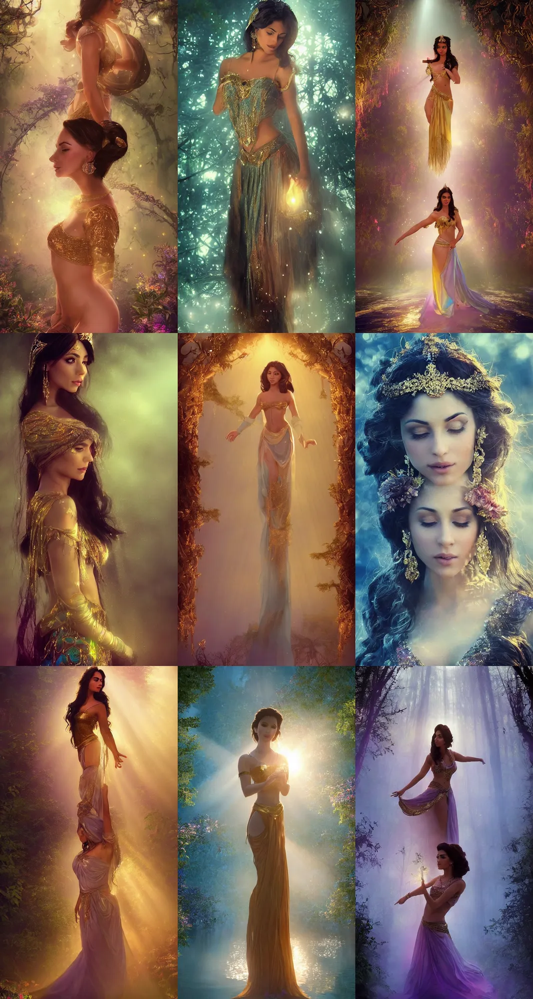 Prompt: Beautiful!!! realistic cinematic stills of Princess Jasmine, full-body, dynamic poses, mystical forest lagoon, glowing glittery dust in the air, twilight, sunset, gloomy, eerie atmosphere, dynamic pose, ornate attire, intricate gold and crystal jewelry, diaphanous iridescent cloth, cinematic lighting, god rays, volumetric fog, bloom, by Alphonse Mucha, by Bouguereau, by Rubens, by Luis Ricardo Falero, fantasy, portfolio illustration, highly detailed, trending on Artstation, CGsociety, HQ, 8k, 35mm lens, f2.8, Bokeh,
