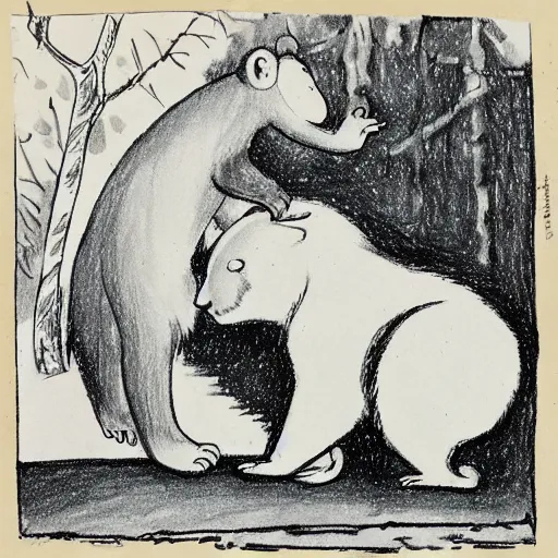 Prompt: drawing from 1 9 2 0's disney animation, monkey polar bear, fat rabbit frog