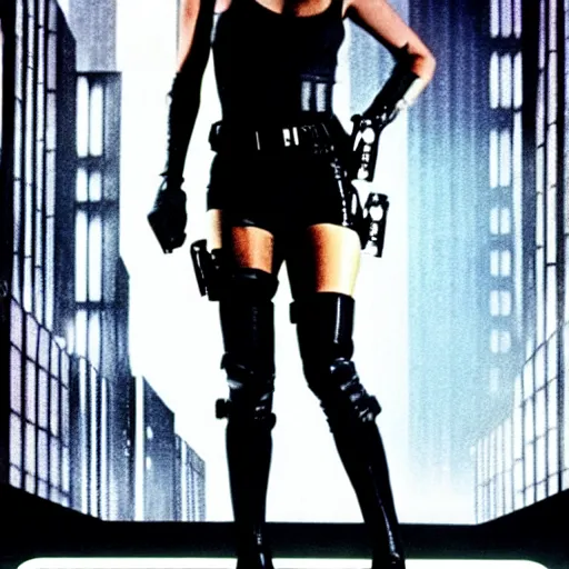 Prompt: jennifer connely by stanley kubrick, sexy secret agent, wearing black short, wearing black boots, wearing a cropped top, blade runner, highly detailed, action movie poster, intense, cyberpunk, hq