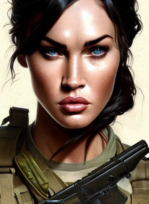 Image similar to portrait of megan fox as soldier, uniform, g 3 6, gun, camouflage, intricate, headshot, highly detailed, digital painting, artstation, concept art, sharp focus, cinematic lighting, illustration, art by artgerm and greg rutkowski, alphonse mucha, cgsociety