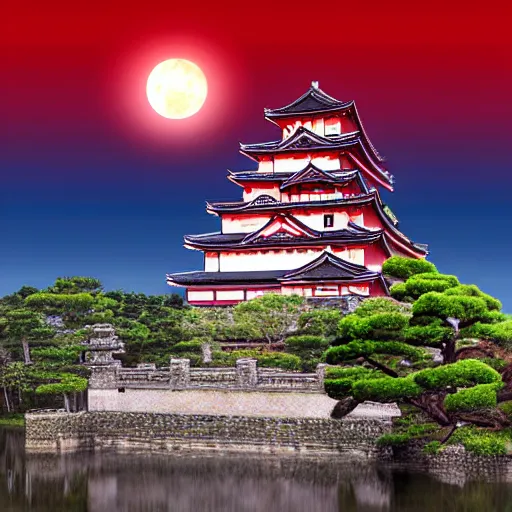 Image similar to beautiful japanese castle in the color red, dark sky with full moon, hyper detailed, highly detailed, photo realistic