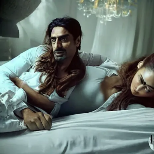 Prompt: kareena kapoor with arjun rampal in the bed, au naturel, hyper detailed, photographic, cinematic lighting, studio quality.
