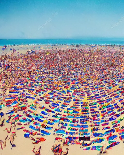 Image similar to thousands of hippie sunbathers on a beach, together form a peace symbol, photorealistic