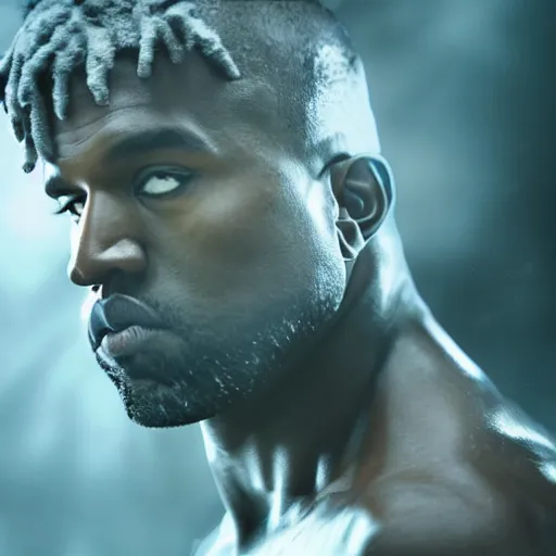 Image similar to kanye west as zeus!!!, god of thunder, greek god, white robe, thunderbolt, in mortal kombat, mythology, fantasy, detailed face, splash art, movie still, cinematic lighting, dramatic, octane render, long lens, shallow depth of field, bokeh, anamorphic lens flare, 8 k, hyper detailed, 3 5 mm film grain