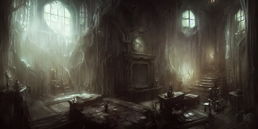 Prompt: dark sinister house interior by Bastien Lecouffe-Deharme and Charles Bowater, Greg Rutkowski, adventure game, inspired by Diablo concept art