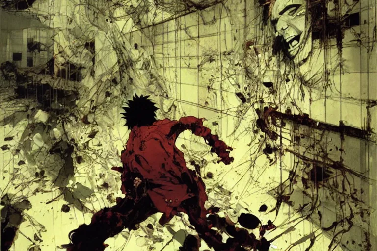 Prompt: scene from the anime, tetsuo cracks and warps the walls of a green hospital hallway, Katsuhiro Otomo, Phil hale, Ashley wood, Ilya repin, frank frazetta, 8k, hd, high resolution print