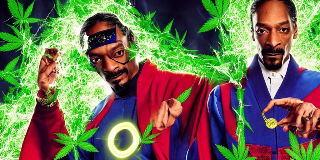 Prompt: snoop dogg as doctor strange, marijuana, marijuana leaves, green light, black suit!!!!!!, multiple dimensions, shattered glass, refractions, highly detailed, cinematic by francis tneh, marvel cinematic universe, mcu, photo