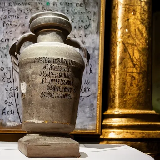 Prompt: a painting of a urn is on display alongside an inscription, famous urns urns from the city's history