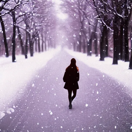 Image similar to girl walking through a blizzard, 8 0 mm film