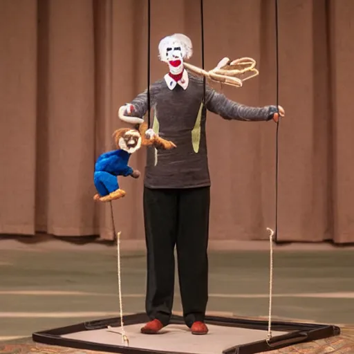 Image similar to puppeteer in puppet show using a string marionette of a president with clown makeup in a podium