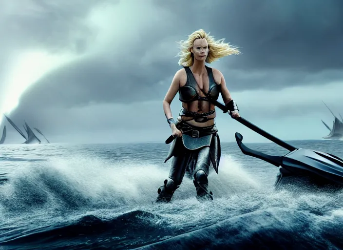 Image similar to film still of charlize theron as a viking women with weapons riding on a jet ski, wearing skin - tight futuristic valkerie bikini, rough seas in background, lightning storms, water world, mad max, hyper - realistic, highly detailed, accurate, 8 k octane render, 2 8 mm, wide angle, rule of thirds
