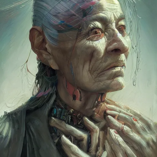 Prompt: a beatiful painting of portrait, A tall hunched old Witch, cyberpunk, by Mizuri AU and Soufiane Idrassi and BONDARTS and Tomasz Alen Kopera and Klaus Wittmann and Deathburger and Daniel Romanovsky and Aku, trending on artststion