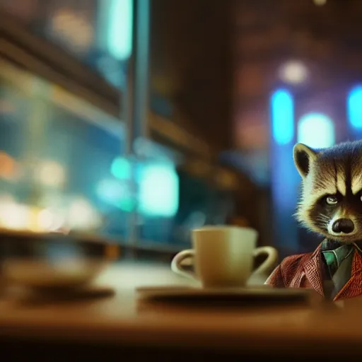 Image similar to rocket raccoon sitting alone at a table in a cafe in a cyberpunk city, close up shot, sharp focus, shallow depth of field, highly detailed face, 8k, unreal engine 5, cinematic lighting, vivid elegant fantasy concept art, character art, stern blue neon atmosphere, artstation, deep complimentary colors, volumetric lighting, photorealistic, hyperdetailed 3D matte painting, hyperrealism, hyperrealistic masterpiece