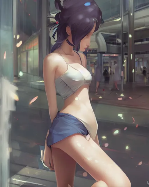 Prompt: a girl at the mall, very sexy outfit, medium shot, visible face, detailed face, perfectly shaded, atmospheric lighting, by makoto shinkai, stanley artgerm lau, wlop, rossdraws