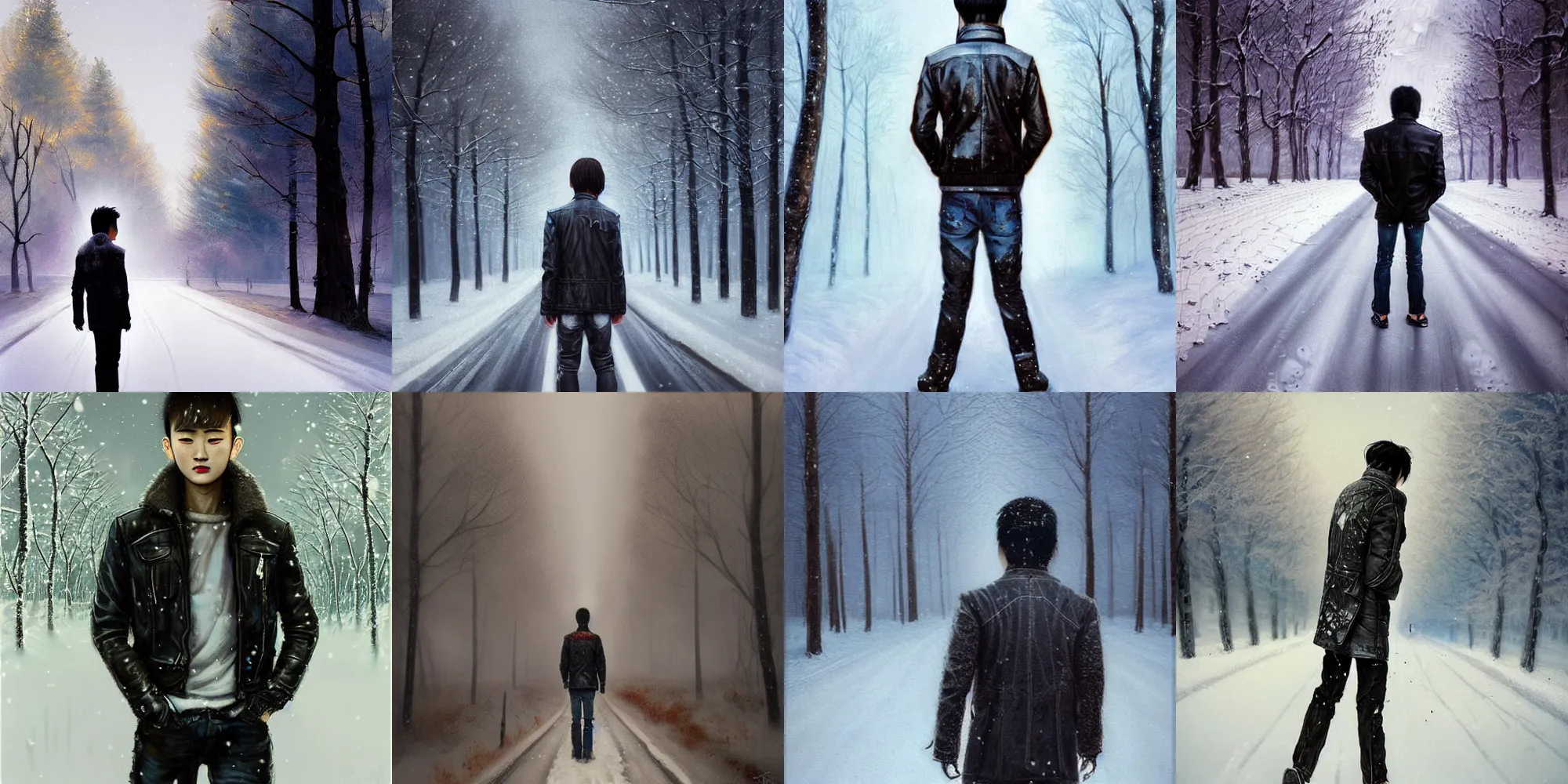 Prompt: beautiful snow - covered victor tsoi korean young man from back standing on road in park with pines, dressed in leather jacket, night, 1 9 8 0 s mullet long haircut, half - length portrait, perfect symmetrical eyes, cinematic by peter mohrbacher, detailed, hyperrealism, artgerm, igla