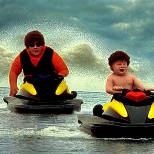 Prompt: photo of chunk from “the goonies” riding a jetski and giving “sign of the horns” 8k