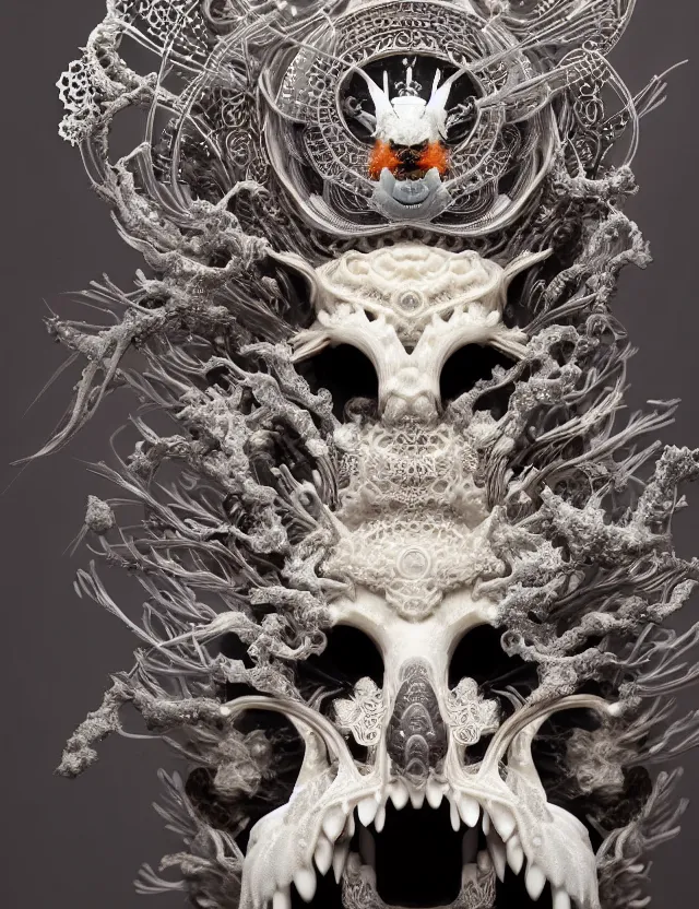 Image similar to goddess macro close - up portrait wigh crown made of ram skull. beautiful intricately detailed japanese crow kitsune mask and clasical japanese kimono. betta fish, jellyfish phoenix, bioluminiscent, plasma, ice, water, wind, creature, super intricate ornaments artwork by tooth wu and wlop and beeple and greg rutkowski