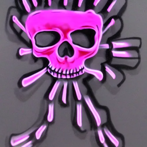 Prompt: a 3 d wireframe pink cartoon skull spray painted on a black background with dripping pink spray paint, three fourths view, graffiti, black background!!!!!, outline