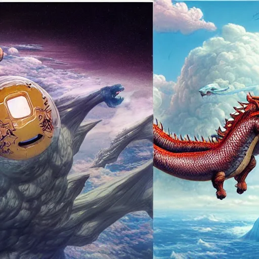 Image similar to Very highly detailed Chines dragon fighting versus Very Highly detailed Falkor in outerspace Realistic Digital Concept Art by Stephen Hickman and Beeple