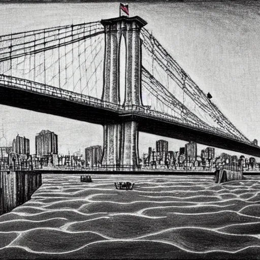 Prompt: painting of the brooklyn bridge by M. C. Escher