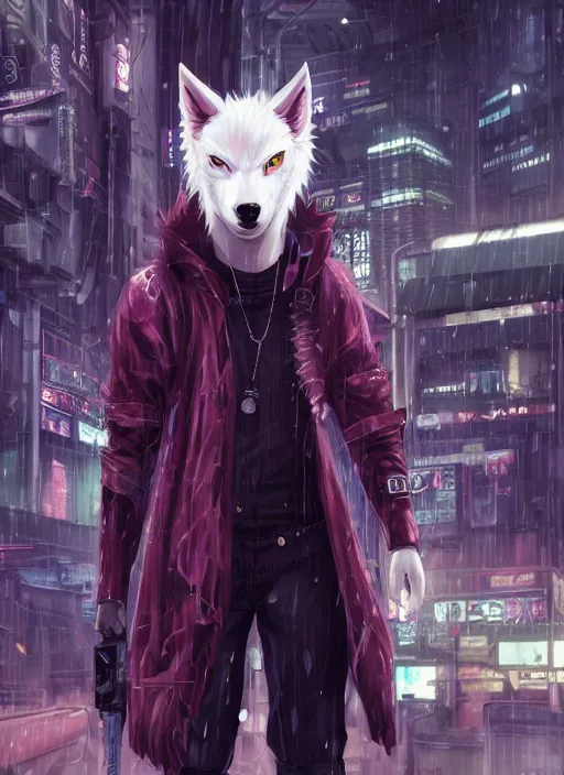 Image similar to character portrait of a male anthro albino wolf fursona with a tail and a cute beautiful attractive detailed furry face wearing stylish cyberpunk clothes in a cyberpunk city at night while it rains. hidari, color page, tankoban, 4K, tone mapping, Akihiko Yoshida. Nomax, Kenket, Rukis.