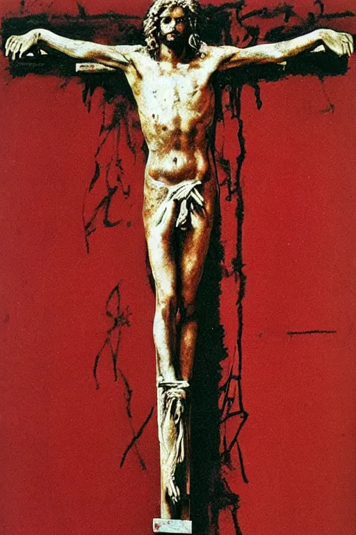 Image similar to red bloody jesus christ crucified painted by cy twombly and andy warhol,