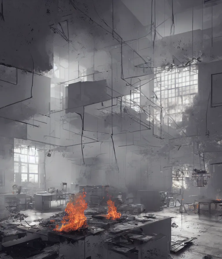 Prompt: a beautiful hyperrealistic detailed 3D render of a burning office interior, by Anton Otto Fischer, Atey Ghailan, genzoman, unreal engine, octane render, gigantic, 3D, brilliantly coloured, intricate, ultra wide angle, trending on artstation, embers, smoke, dust, dusk, volumetric lighting, HDR, polished, micro details, ray tracing, 8k