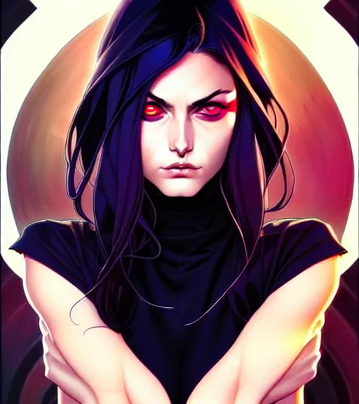 Image similar to artgerm, joshua middleton comic cover art, pretty friendly sweet kind phoebe tonkin eye of horus painted under left eye, young, attractive, slim, she has very pale skin long black hair, she prefers to dress casually and she wears black clothing