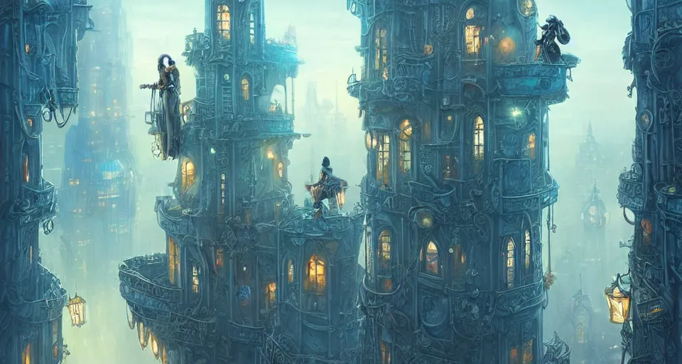 Image similar to landscape painting of fantasy metal steampunk city that has a light blue glow with walkways and lit windows with a hooded thief in leathers climbing a building using a rope, fine details, magali villeneuve, artgerm, rutkowski