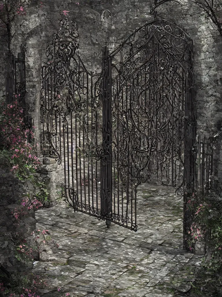 Prompt: beautiful digital painting high quality heavy iron gothic garden gate cobblestone ground artstation behance