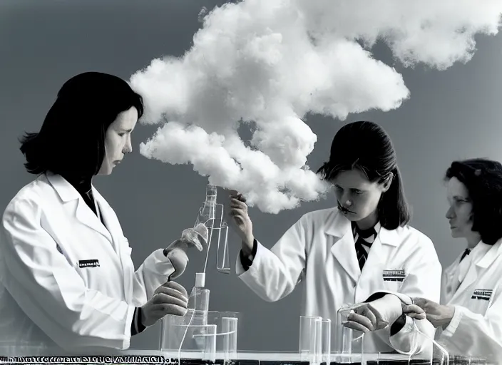 Prompt: realistic photo two female scientists doing an experiment with a cloud 1 9 9 0, life magazine reportage photo