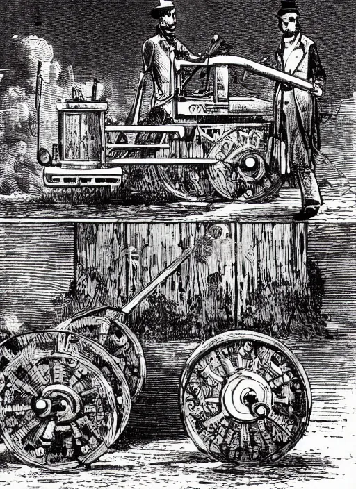 Image similar to 19th century wood-engraving of a steam powered Renault FT tank with no person around, whole page illustration from Jules Verne book, art by Édouard Riou Jules Férat and Henri de Montaut, high quality, beautiful, highly detailed, removed watermarks