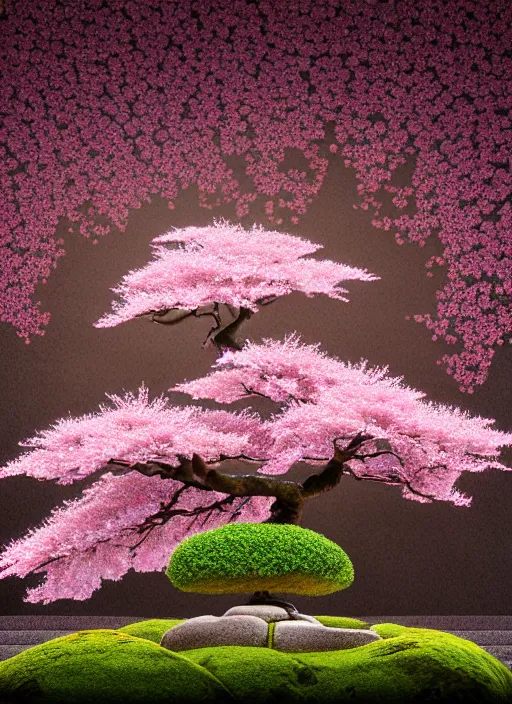 Image similar to hyper detailed 3d render like an Oil painting isometric perspective, octane render of a bonsai cherry blossom tree in a zen garden in the shape of a perfectly symetrical mandala finely detailed, hd, 8k minimalism, edge to edge, solid color background octane render, 8k