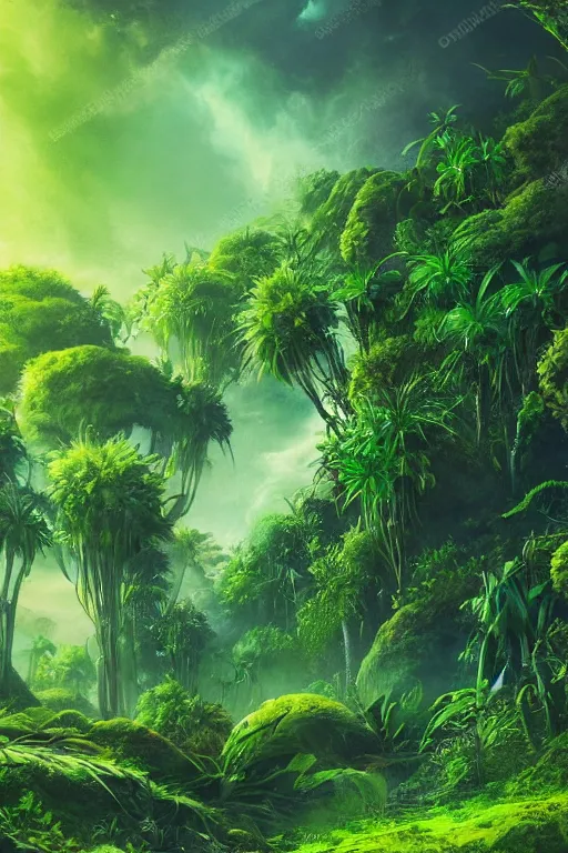 Image similar to beautiful lush green plants flowers exotic alien planet, digital painting, matte painting, small details