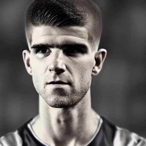 Image similar to “a realistic detailed photo of a guy who is an attractive humanoid who is half robot and half humanoid, who is a male android, Christian Pulisic, shiny skin, posing like a statue, blank stare, on display”