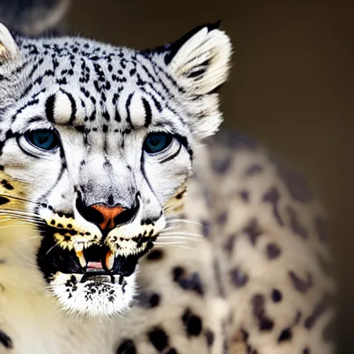 Image similar to A close up of a snow leopard looking to the left.