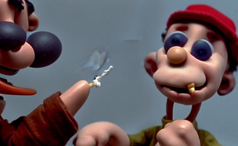 Image similar to Wallace smoking crack from a crack pipe in a still from the short movie A Grand Day Out (1989), crack cocaine, Wallace and Gromit, Aardman Animations, claymation, 4k, high quality