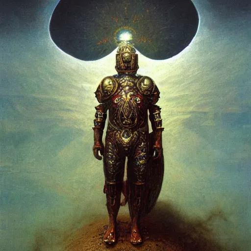 Image similar to god of the sun, wearing solar armor, infinity blade armor, beksinski