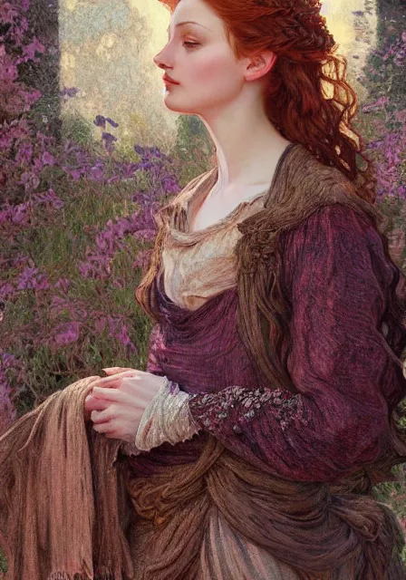 Image similar to sansa, intricate, elegant, highly detailed, digital painting, artstation, concept art, smooth, sharp focus, illustration, pre - raphaelite style, mucha, monet
