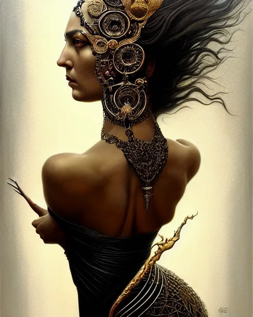 Image similar to portrait of a beautiful goddess, enigmatic beauty, dominant shades of black, gold, silver, dark red, white, head in focus, fantasy art, ornamental aesthetics, intricate, elegant, highly detailed, hyperrealistic painting, artstation, concept art, painterly, sharp focus, illustration, art by karol bak